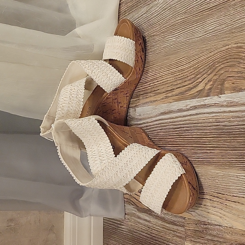 White zip up cork bottom wedges